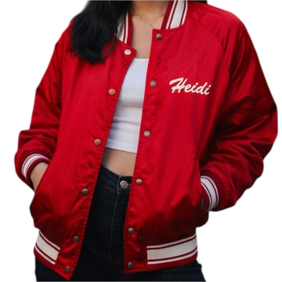 Vintage 80s Red Satin Bomber Jacket Bremen Pom Pons Cheerleader USA Made - Picture 15 of 15